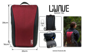 Maße und Volumen des Basic LiWAVE Rucksacks 12 liter